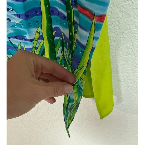 Diane Gilman Silk Blouse Top Size Large Sequin Tropical Dolphin Colorful - Picture 12 of 12